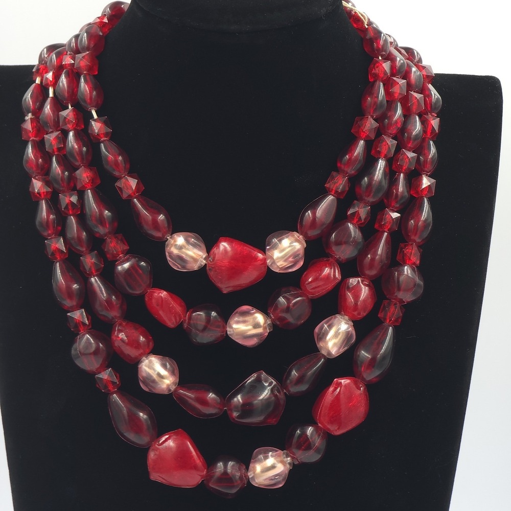 Vintage Necklace Four Strand BEST HONG KONG Red Beaded Statement
